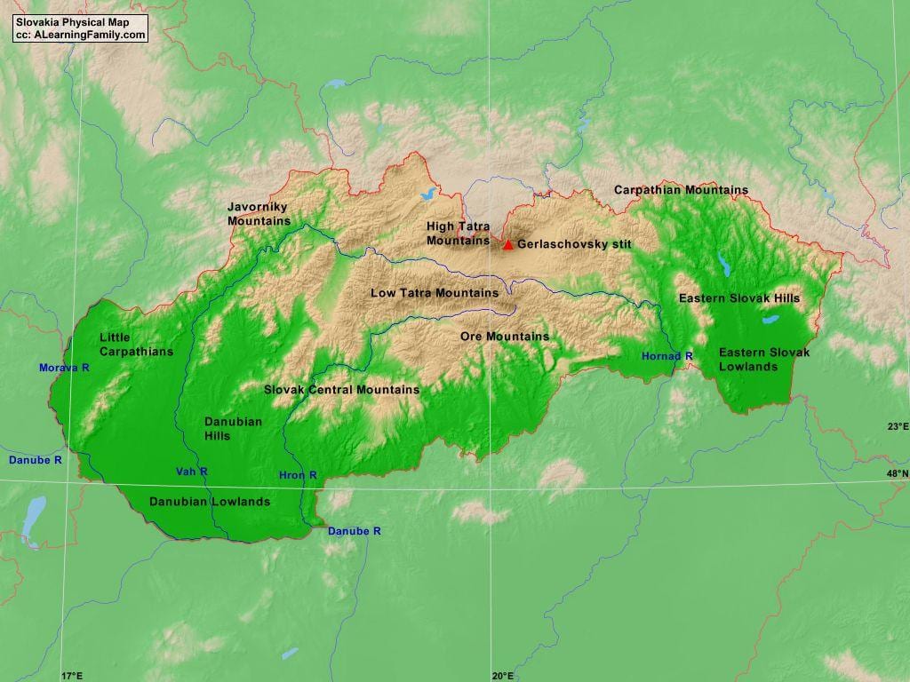 के मानचित्र स्लोवाकिया शारीरिक